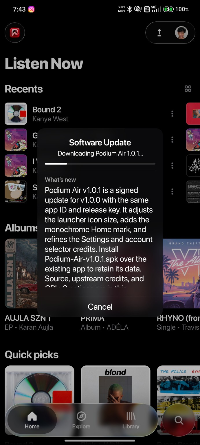 Real Podium Air Listen Now screen showing music recommendations and its in-app update prompt